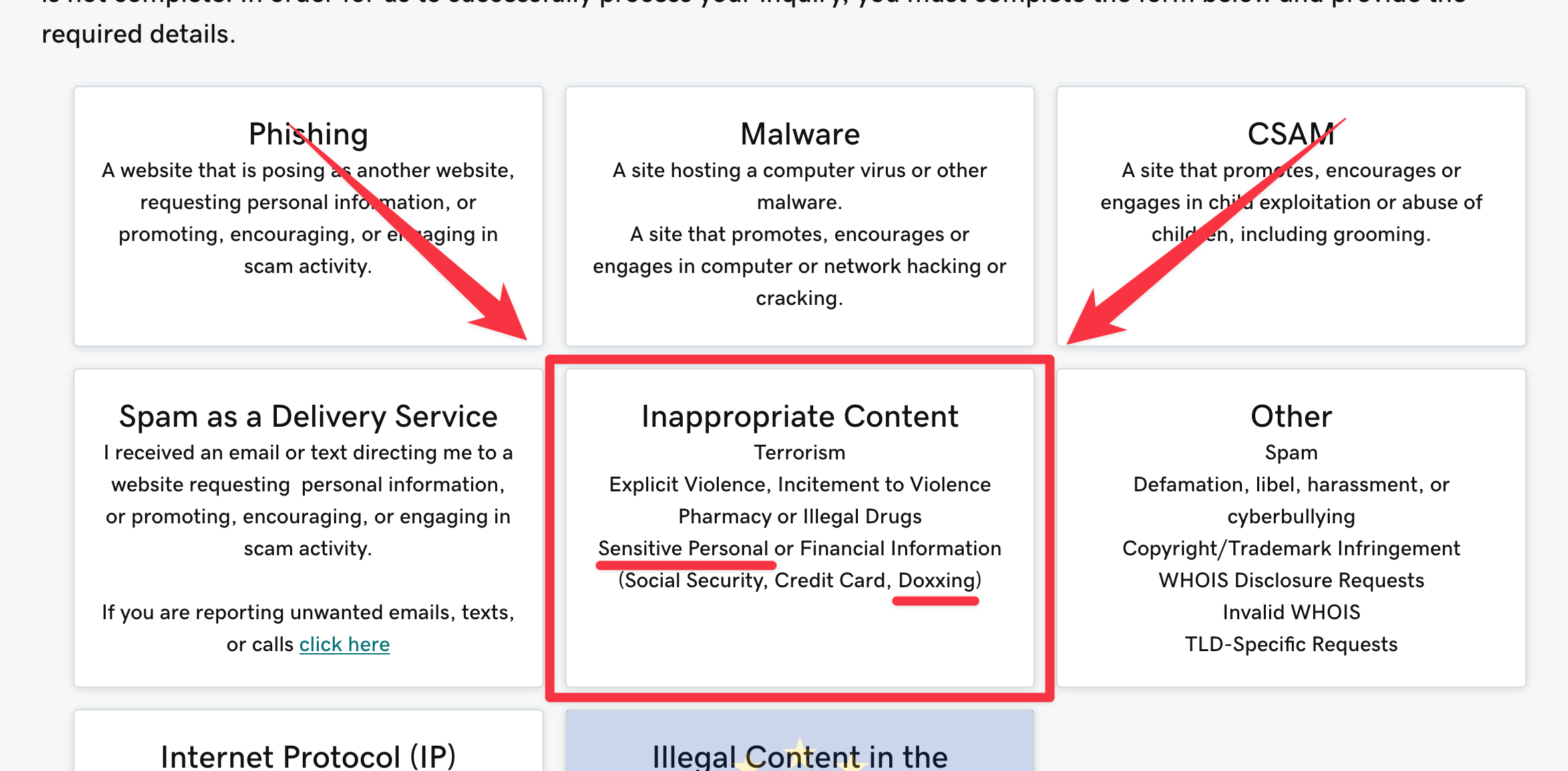 Screen capture of GoDaddy report abuse page with arrows pointing to their 'Inappropriate Content' option.