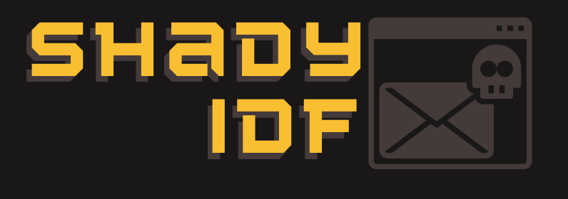 A retro computer screen saying 'shady IDF' with a skull in a computer dialog box